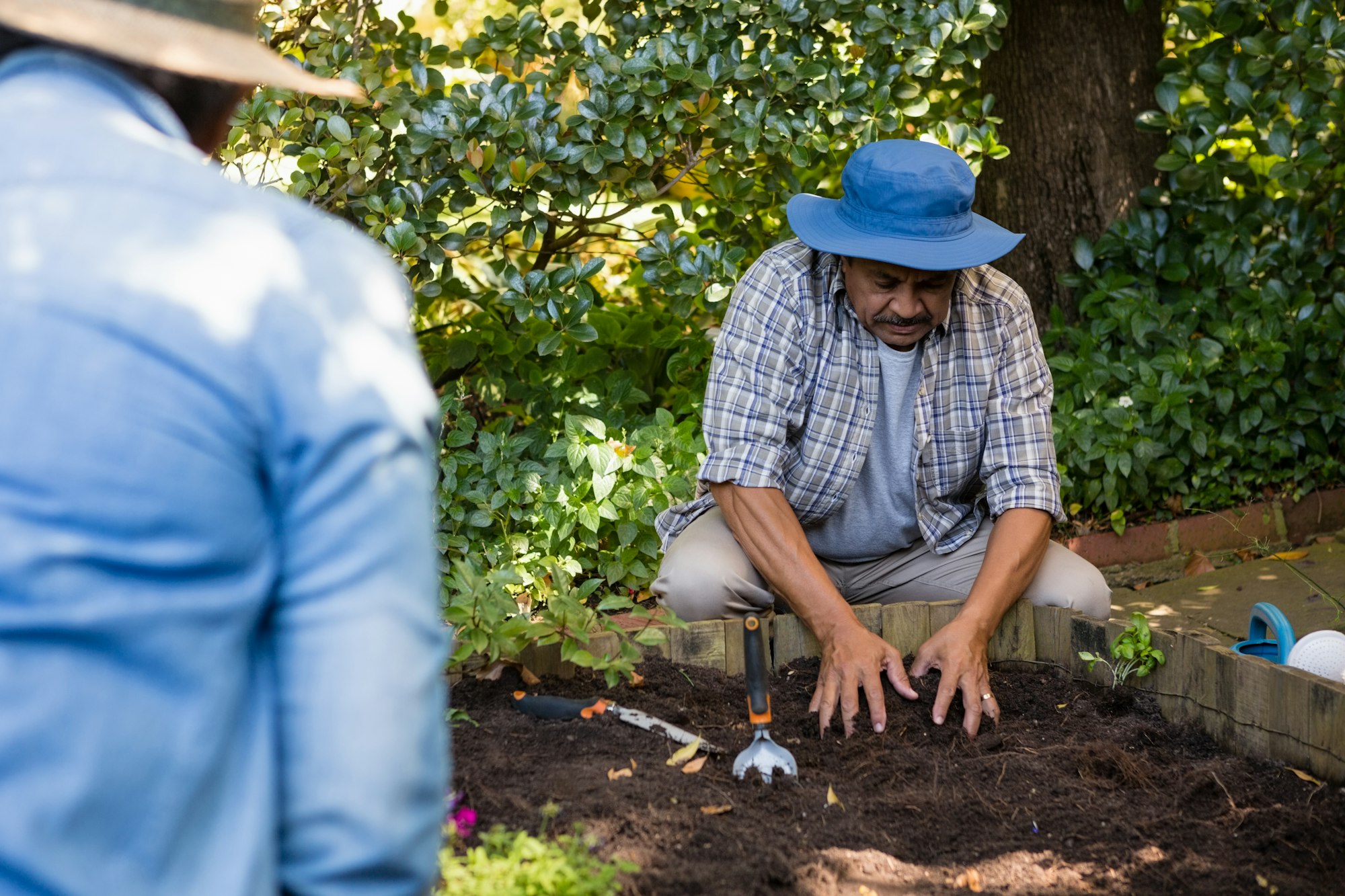 Couple planting young plant into the soil